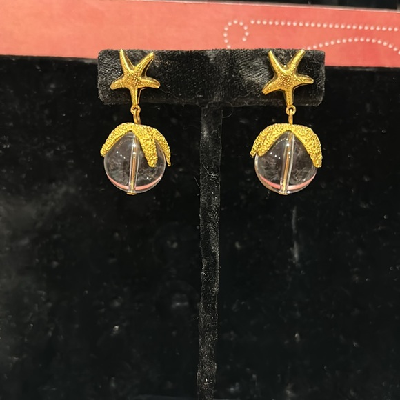 Stunning Vintage Leslie Block Brushed Gold Starfish & Crystal Ball Earrings - Picture 2 of 8